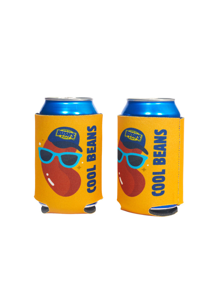 Bush's Beans Yellow Koozie with a bean in sunglasses.